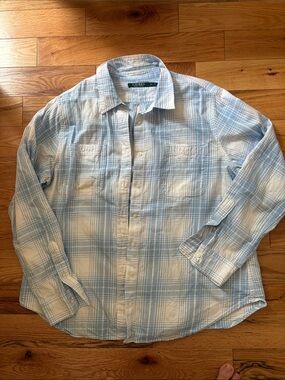 Lauren Ralph Lauren Blue and White Plaid Casual Button-Down Shirt